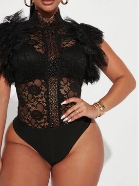 Fashion Nova Black Lace Ruffle Sleeve Bodysuit